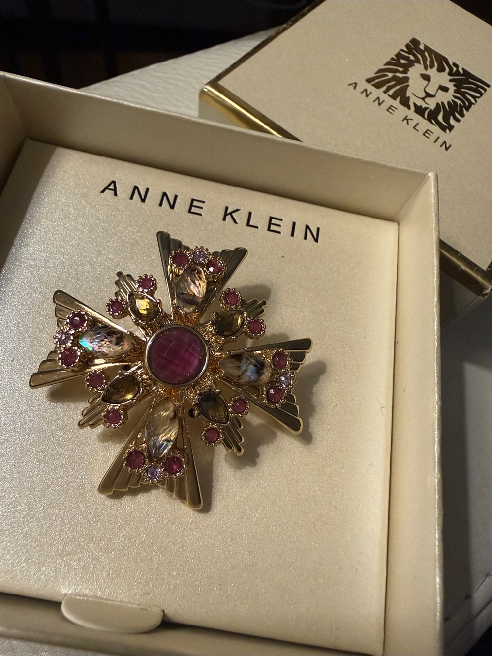 Anne Klein Gold-Tone Maltese Cross Inspired Brooch, Pink and Champagne Stones